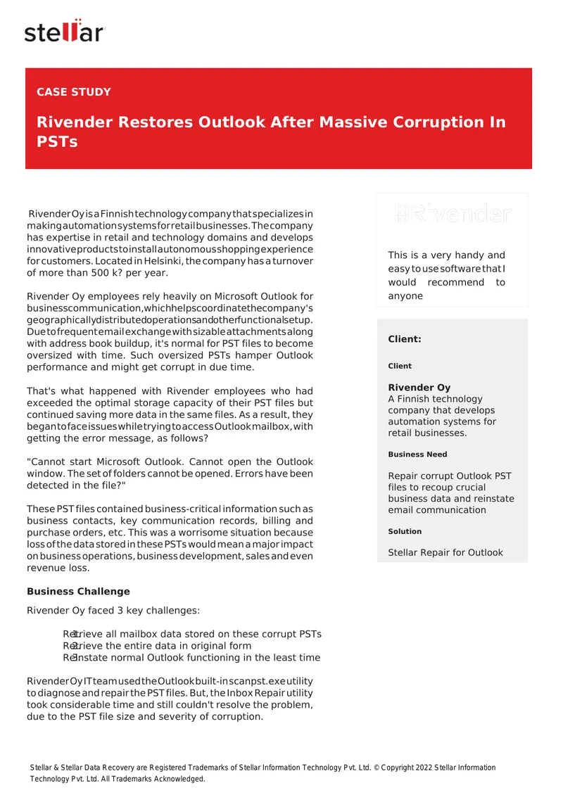 Rivender Case Study on Outlook PST Recovery