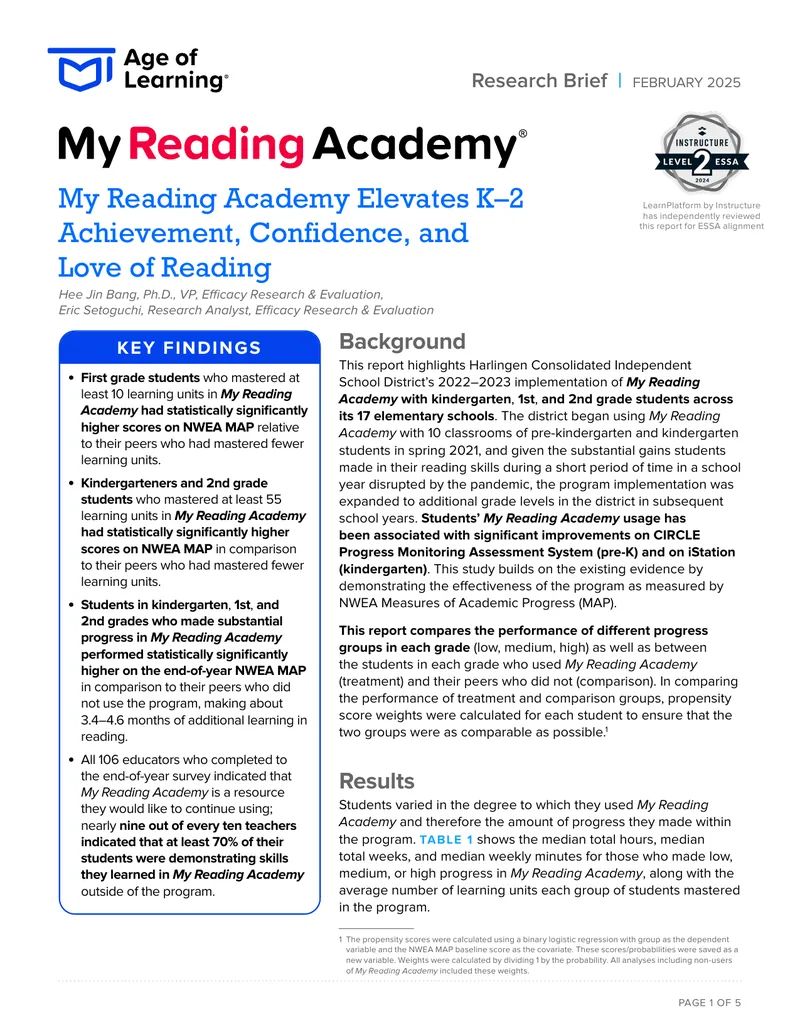 My Reading Academy Implementation and Outcomes Report