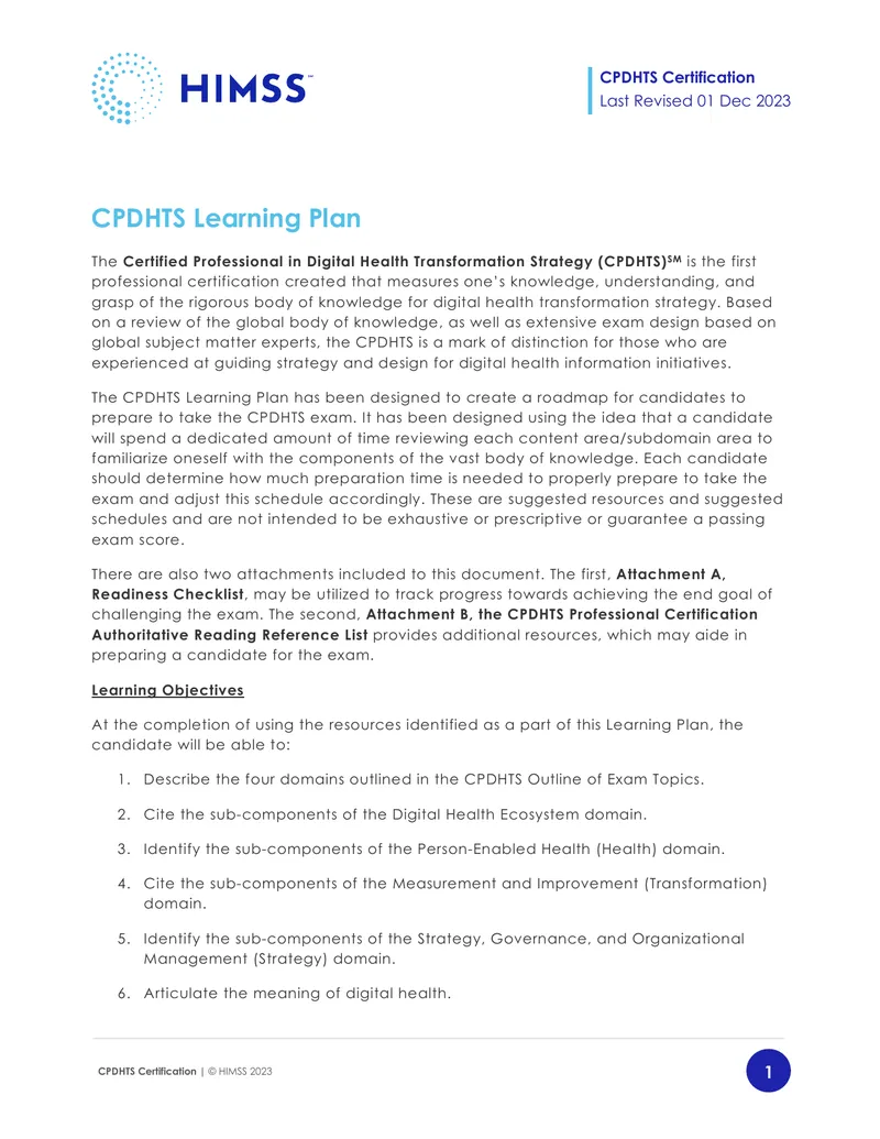 CPDHTS Learning Plan for Certification Preparation