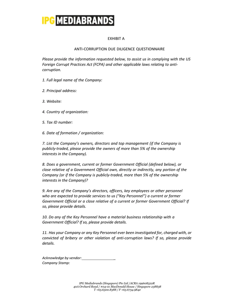Anti-Corruption Due Diligence Questionnaire