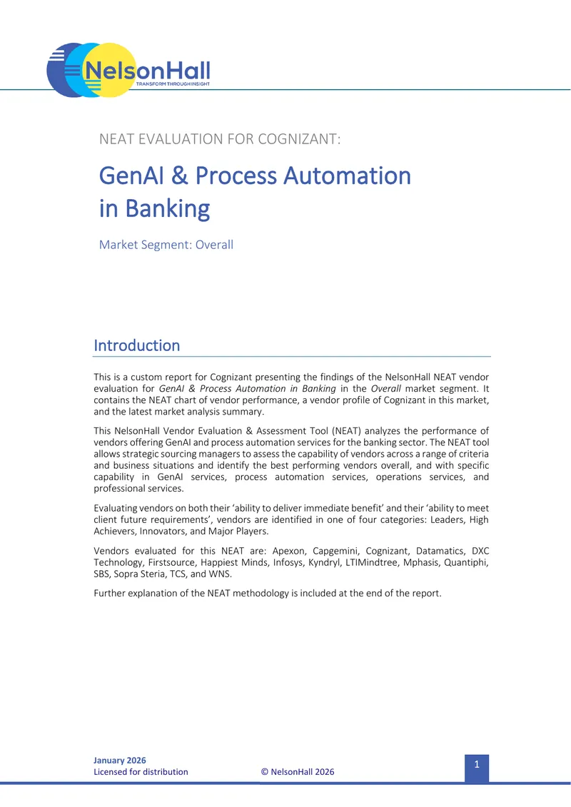 NEAT Evaluation for Cognizant in Banking Automation
